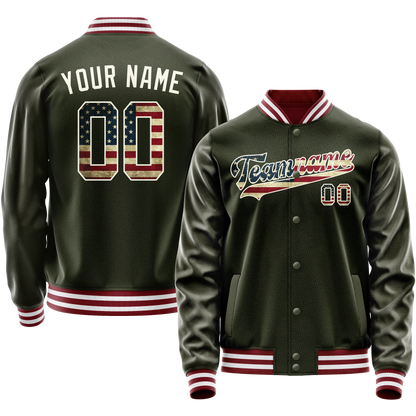 Custom Olive Cream Vintage Usa Flag Varsity Letterman Jacket