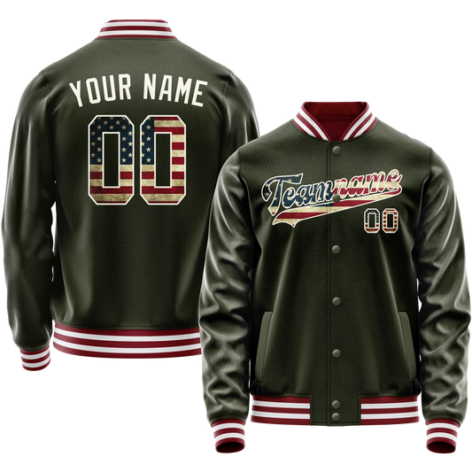 Custom Olive Cream Vintage Usa Flag Varsity Letterman Jacket