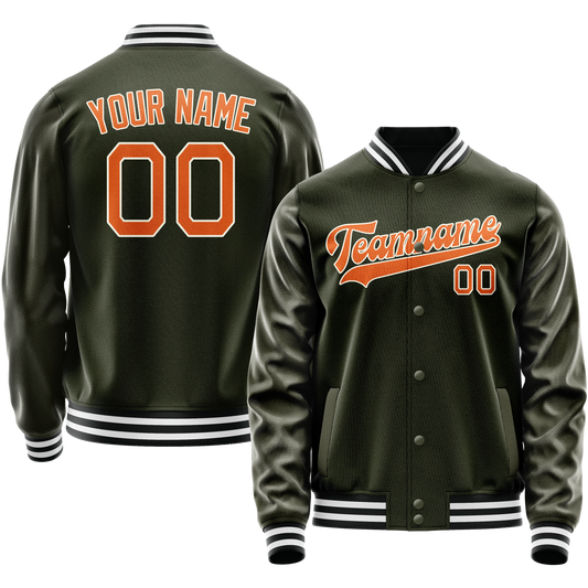 Custom Olive Orange Solid Color Varsity Letterman Jacket
