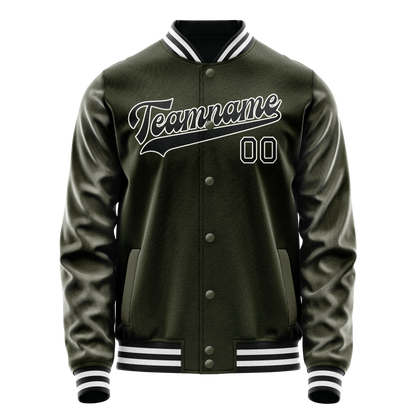 Custom Olive Black Solid Color Varsity Letterman Jacket
