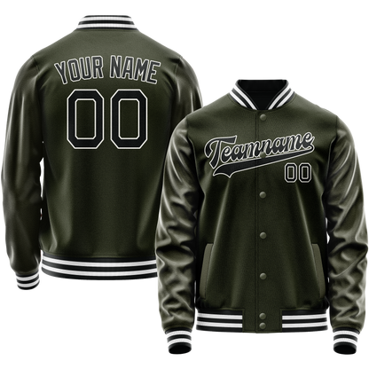 Custom Olive Black Solid Color Varsity Letterman Jacket