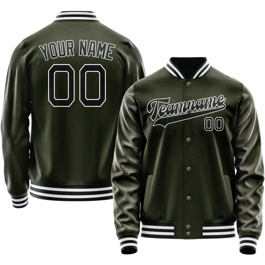 Custom Olive Black Solid Color Varsity Letterman Jacket
