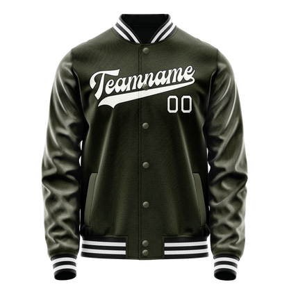 Custom Olive White Solid Color Varsity Letterman Jacket