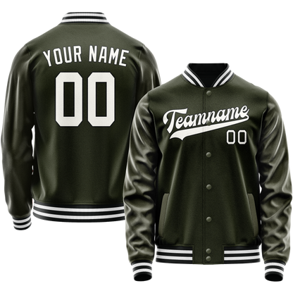 Custom Olive White Solid Color Varsity Letterman Jacket