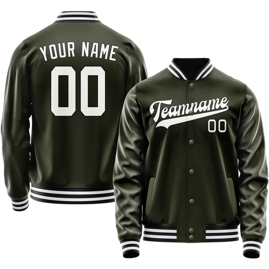 Custom Olive White Solid Color Varsity Letterman Jacket