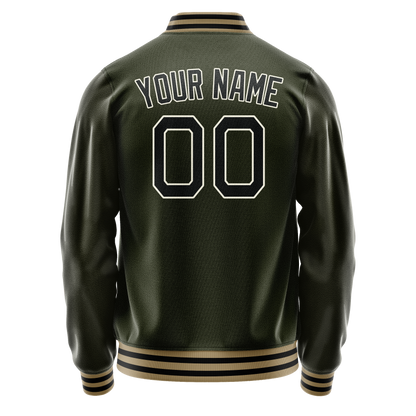 Custom Olive Black Solid Color Varsity Letterman Jacket