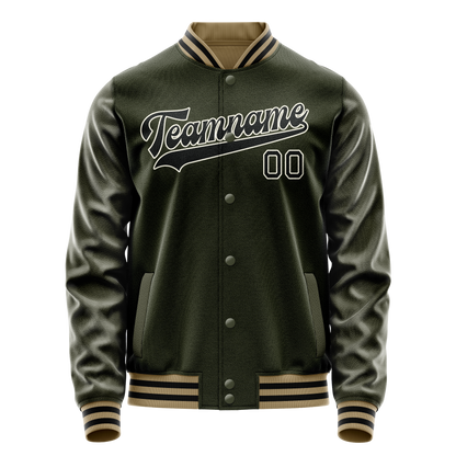 Custom Olive Black Solid Color Varsity Letterman Jacket