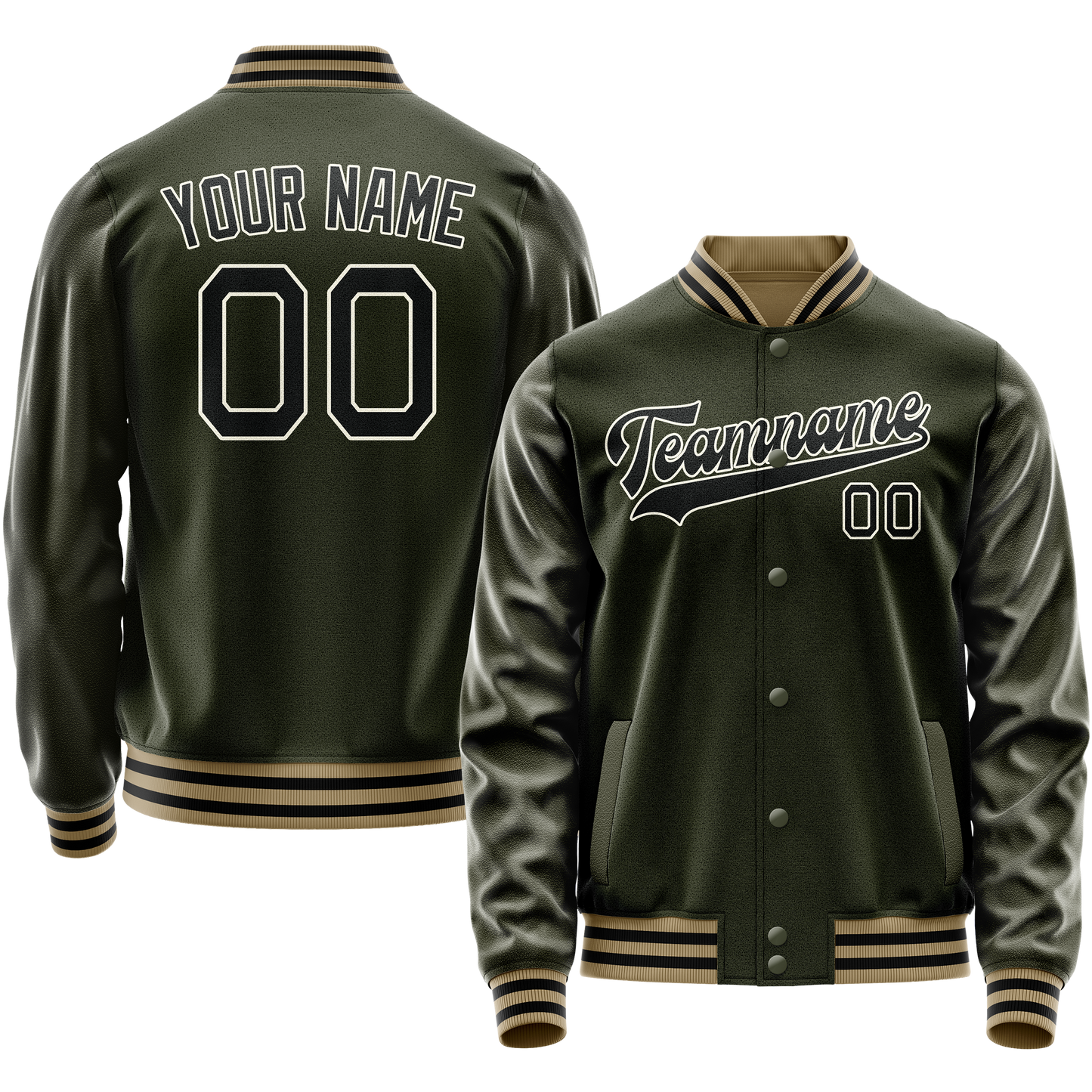 Custom Olive Black Solid Color Varsity Letterman Jacket
