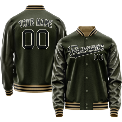 Custom Olive Black Solid Color Varsity Letterman Jacket