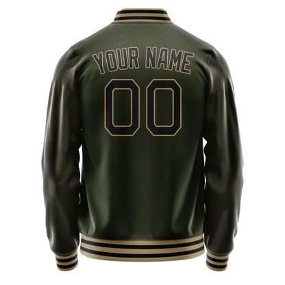 Custom Olive Black Solid Color Varsity Letterman Jacket