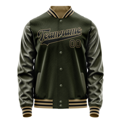 Custom Olive Black Solid Color Varsity Letterman Jacket