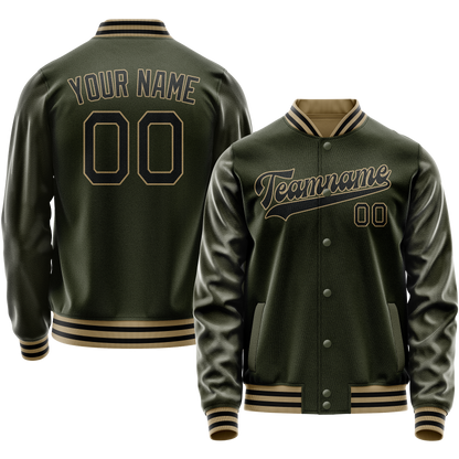 Custom Olive Black Solid Color Varsity Letterman Jacket