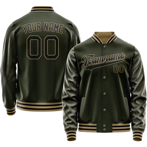 Custom Olive Black Solid Color Varsity Letterman Jacket