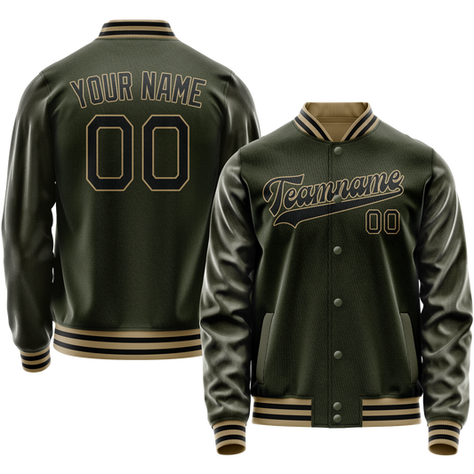 Custom Olive Black Solid Color Varsity Letterman Jacket