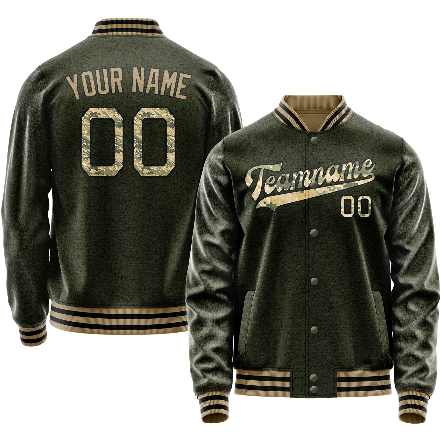 Custom Olive Camo Solid Color Varsity Letterman Jacket
