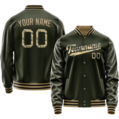 Custom Olive Camo Solid Color Varsity Letterman Jacket