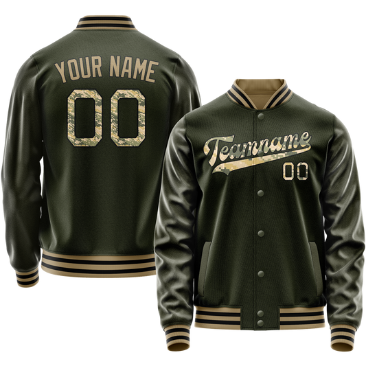 Custom Olive Camo Solid Color Varsity Letterman Jacket