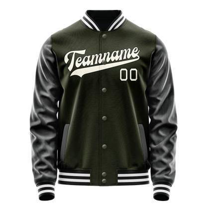 Custom Olive Black Solid Color Varsity Letterman Jacket