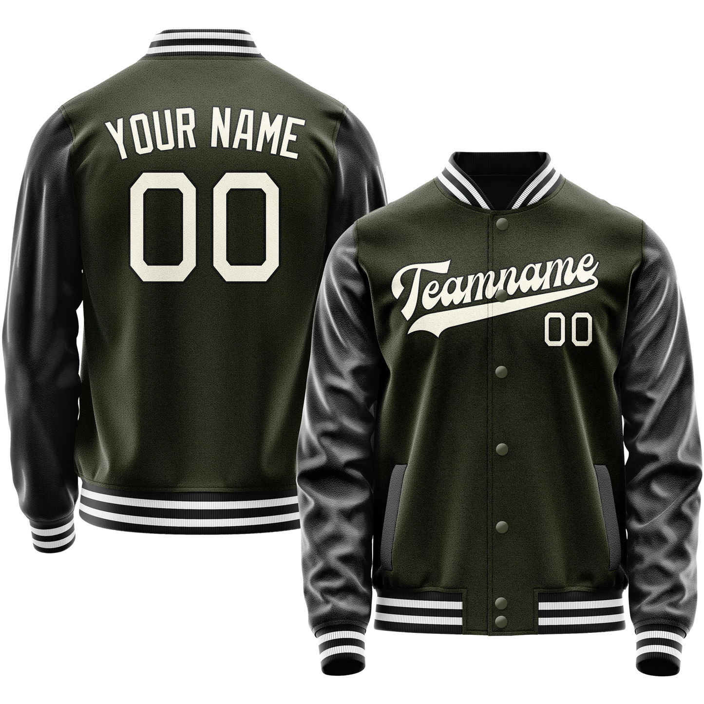 Custom Olive Black Solid Color Varsity Letterman Jacket