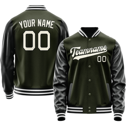 Custom Olive Black Solid Color Varsity Letterman Jacket