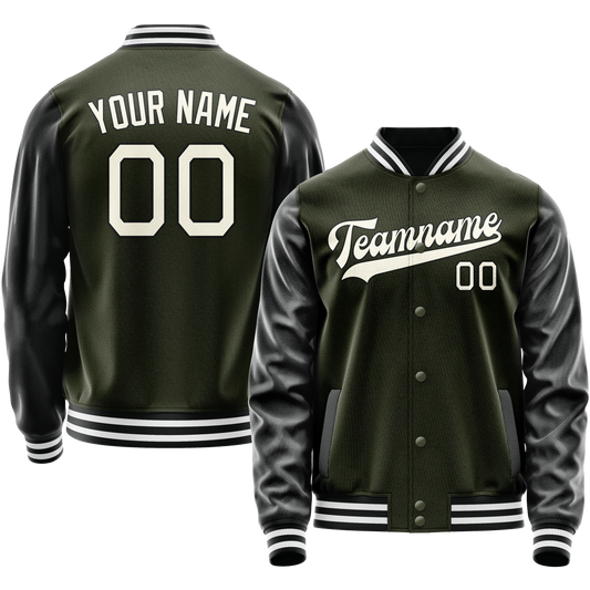 Custom Olive Black Solid Color Varsity Letterman Jacket