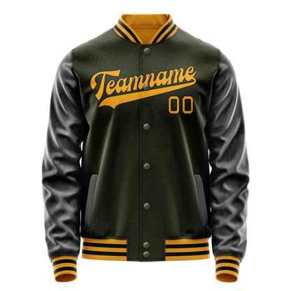Custom Olive Black Solid Color Varsity Letterman Jacket
