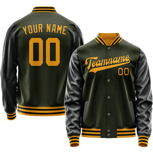 Custom Olive Black Solid Color Varsity Letterman Jacket