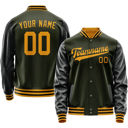 Custom Olive Black Solid Color Varsity Letterman Jacket