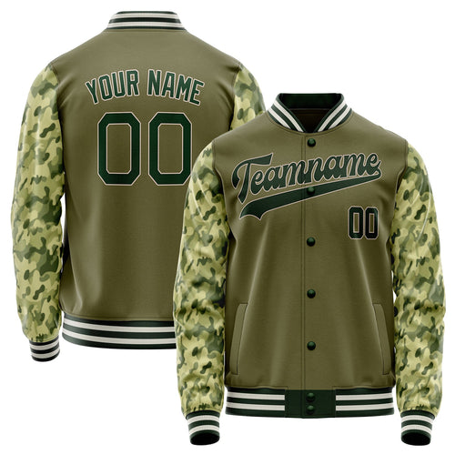 Custom Olive Camo Solid Color Varsity Letterman Jacket JA02240617LH319