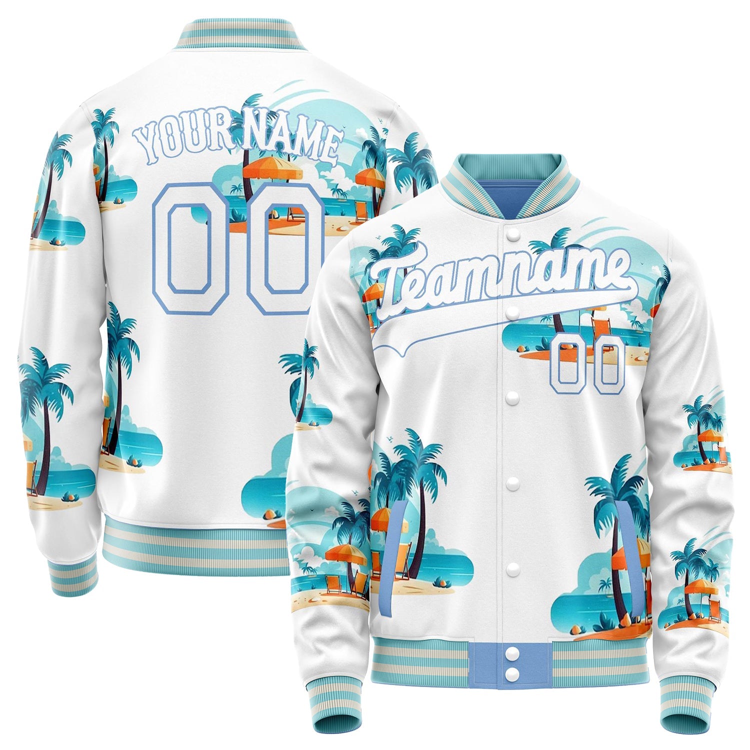 Custom White Light-Blue 3D Pattern Hawaiian Palm Tree Flamingo Varsity Letterman Jacket JA02240617LH456