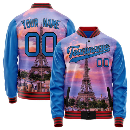 Custom Electric-Blue Black Eiffel Tower 3D Varsity Letterman Jacket JA02240617YH143