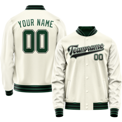Custom Cream Kelly-Green Solid Color Varsity Letterman Jacket