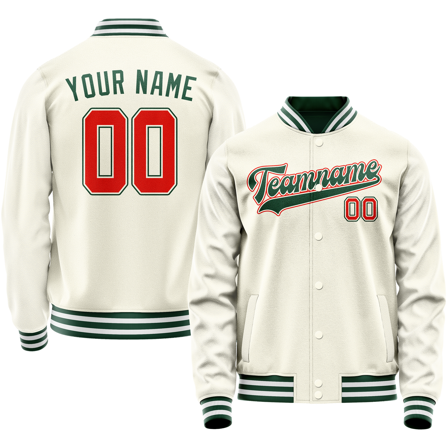 Custom Cream Kelly-Green Solid Color Varsity Letterman Jacket