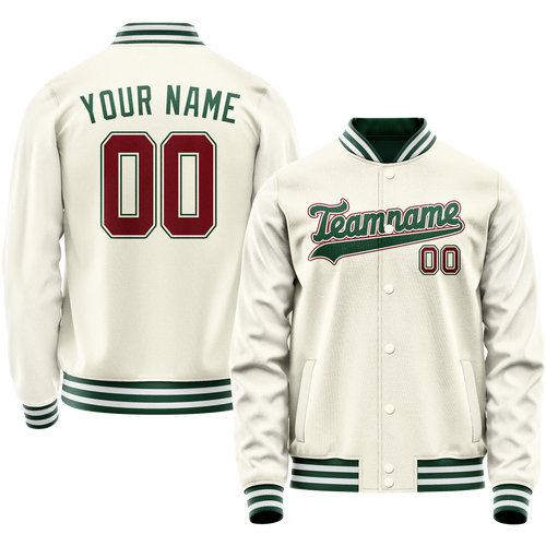 Custom Cream Kelly-Green Solid Color Varsity Letterman Jacket