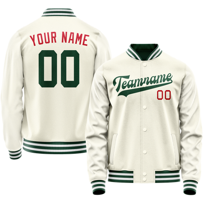 Custom Cream Kelly-Green Solid Color Varsity Letterman Jacket