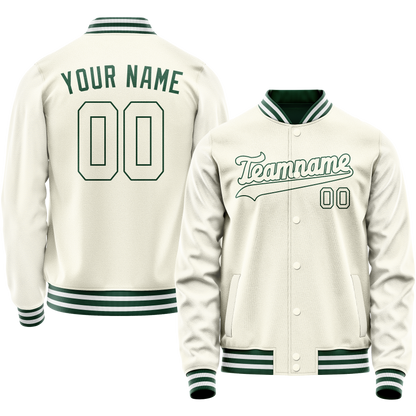 Custom Cream Kelly-Green Solid Color Varsity Letterman Jacket
