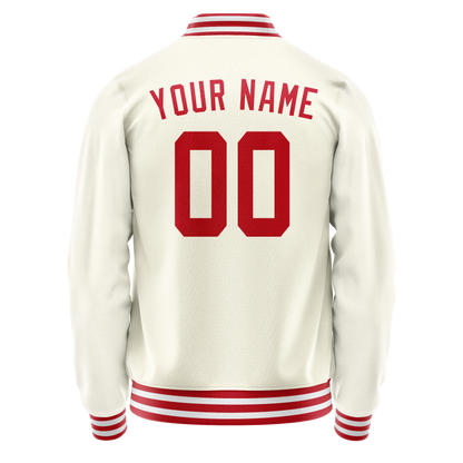 Custom Cream Red Solid Color Varsity Letterman Jacket