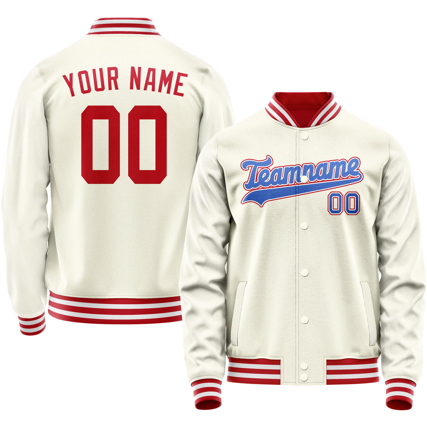 Custom Cream Red Solid Color Varsity Letterman Jacket