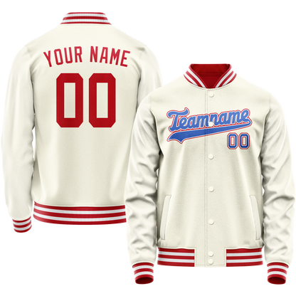 Custom Cream Red Solid Color Varsity Letterman Jacket