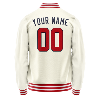 Custom Cream Red Solid Color Varsity Letterman Jacket