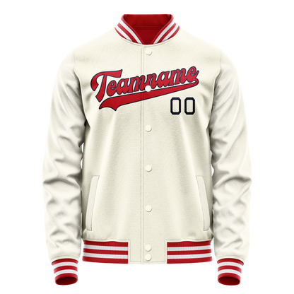 Custom Cream Red Solid Color Varsity Letterman Jacket