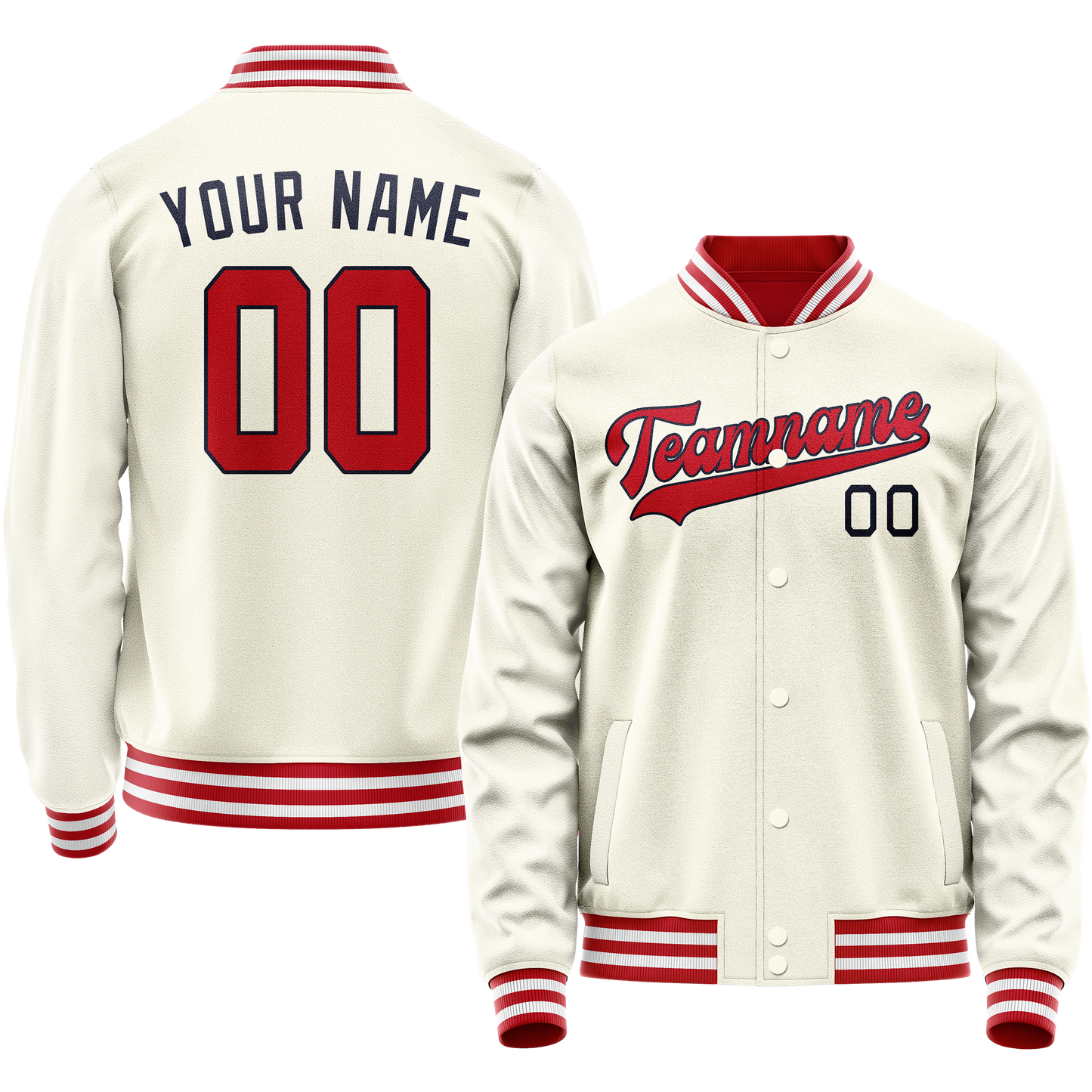 Custom Cream Red Solid Color Varsity Letterman Jacket
