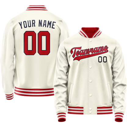 Custom Cream Red Solid Color Varsity Letterman Jacket