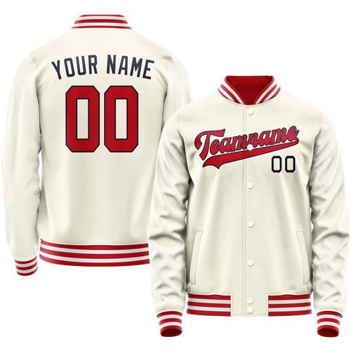 Custom Cream Red Solid Color Varsity Letterman Jacket