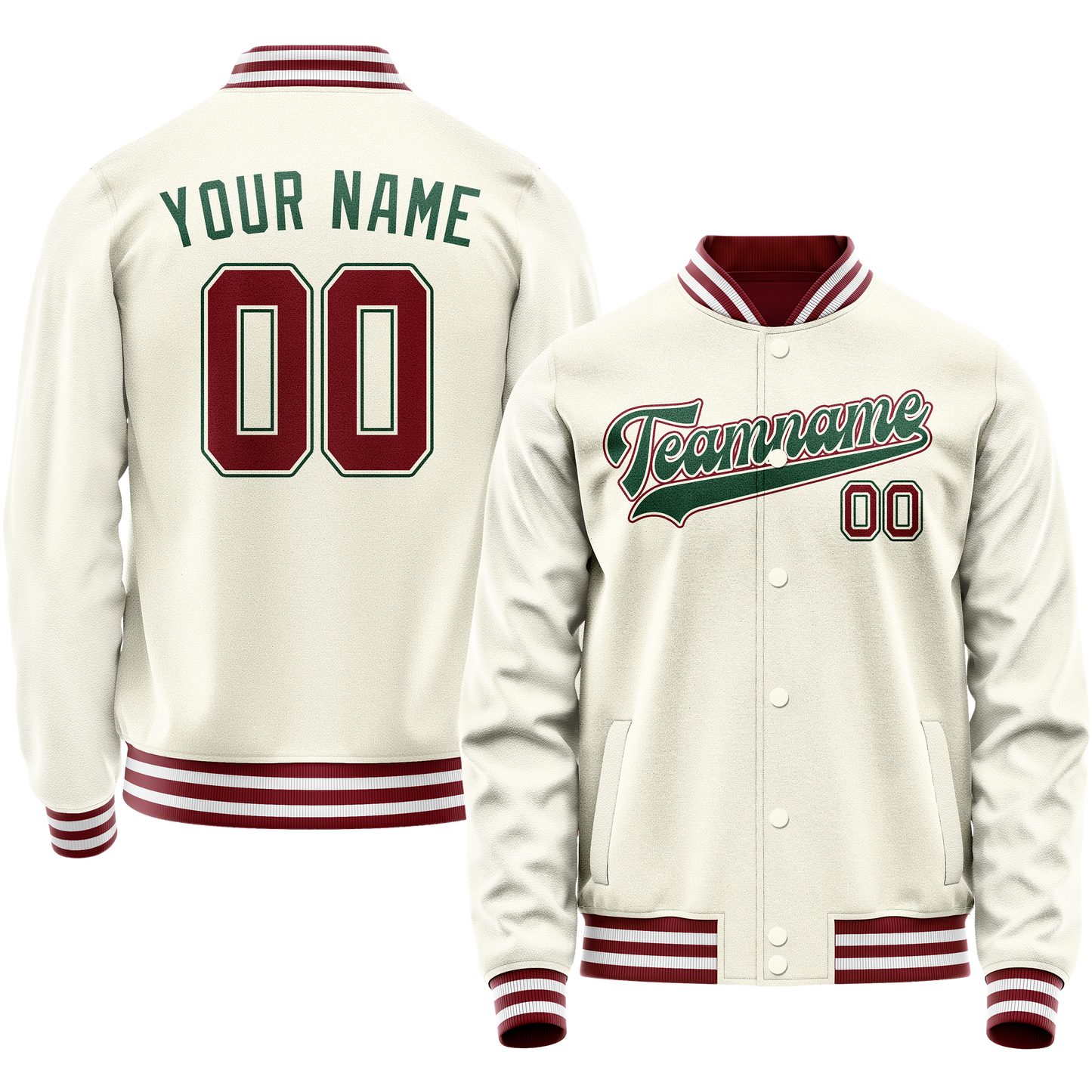 Custom Cream Kelly-Green Solid Color Varsity Letterman Jacket