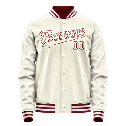 Custom Cream Red Solid Color Varsity Letterman Jacket