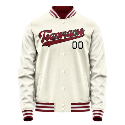 Custom Cream Red Solid Color Varsity Letterman Jacket