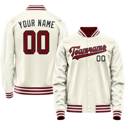 Custom Cream Red Solid Color Varsity Letterman Jacket