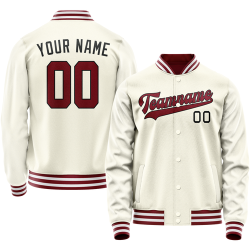 Custom Cream Red Solid Color Varsity Letterman Jacket