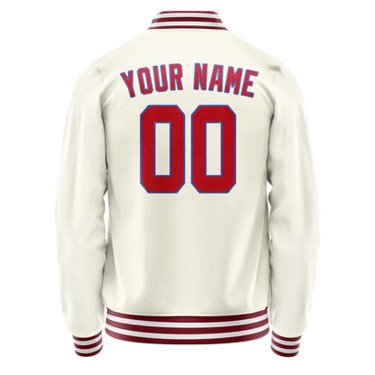 Custom Cream Red Solid Color Varsity Letterman Jacket